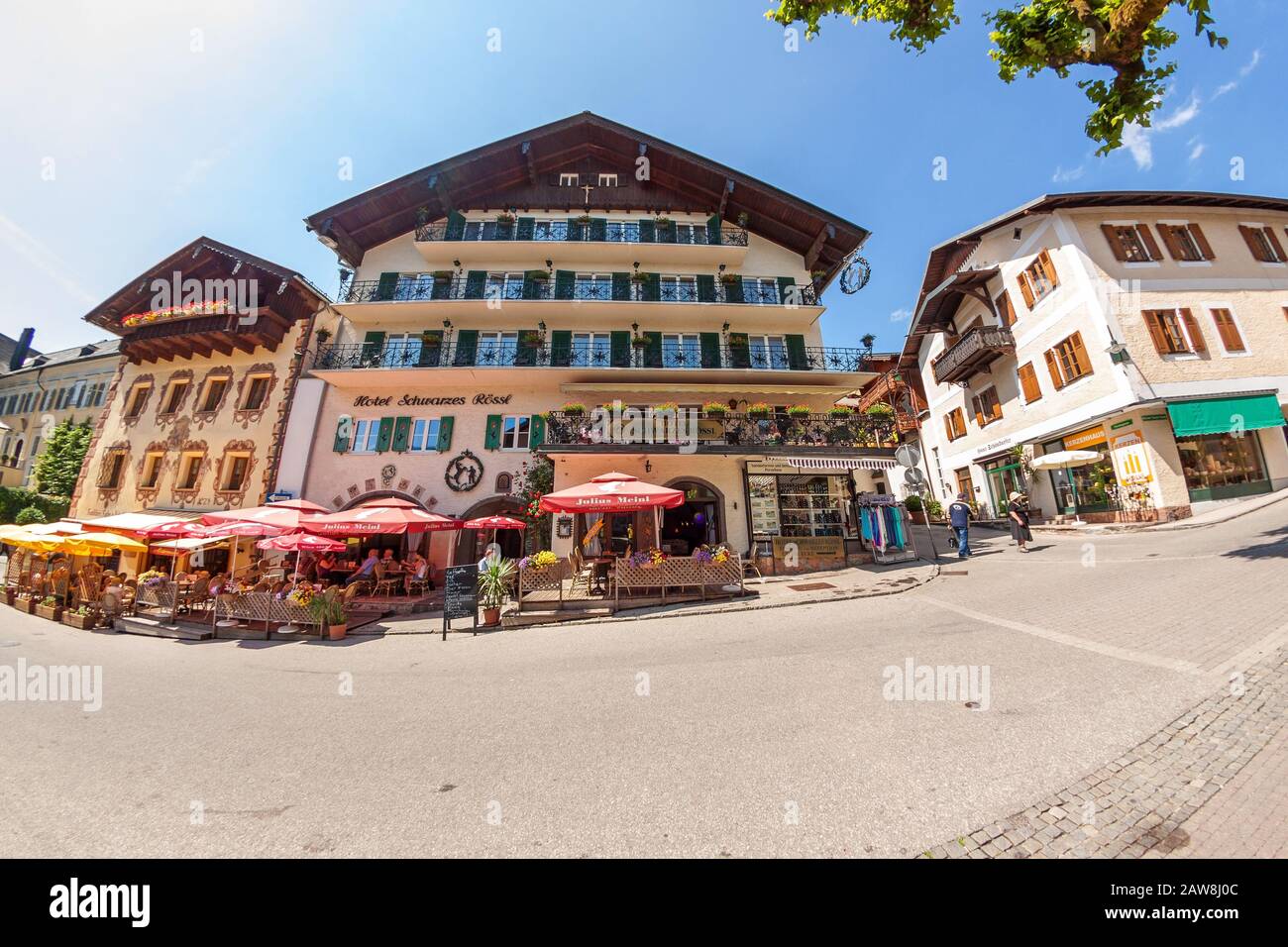 St. Wolfgang, Austria - June 23, 2014: Hotel Schwarzes Roessl at the famous lake Wolfgangsee. Popular travel destination within Austria. Stock Photo