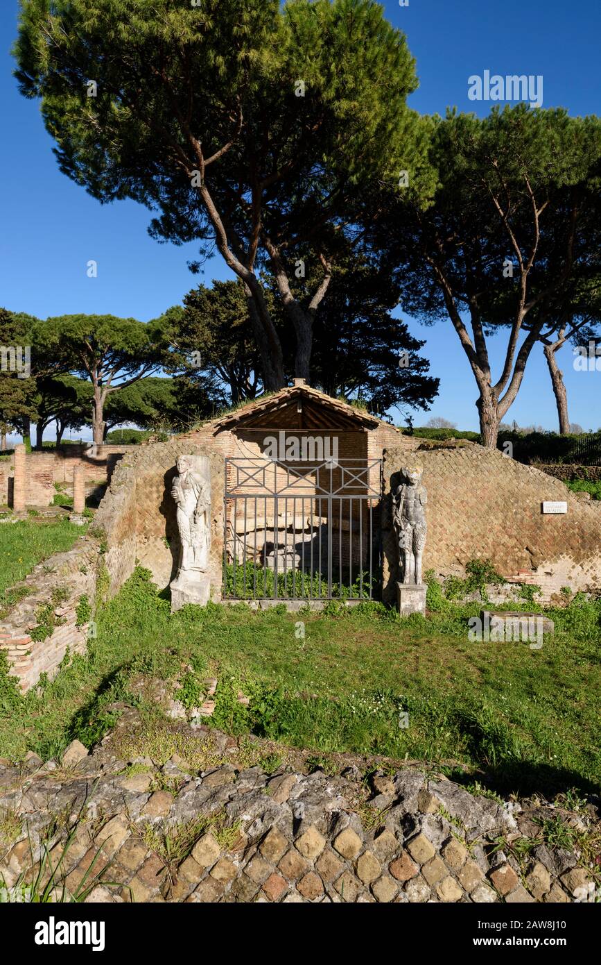 Rome. Italy. Ostia Antica. Campus of the Magna Mater, Santuario di Attis (Shrine of Attis). The entrance to the shrine is flanked by two semi-columns Stock Photo