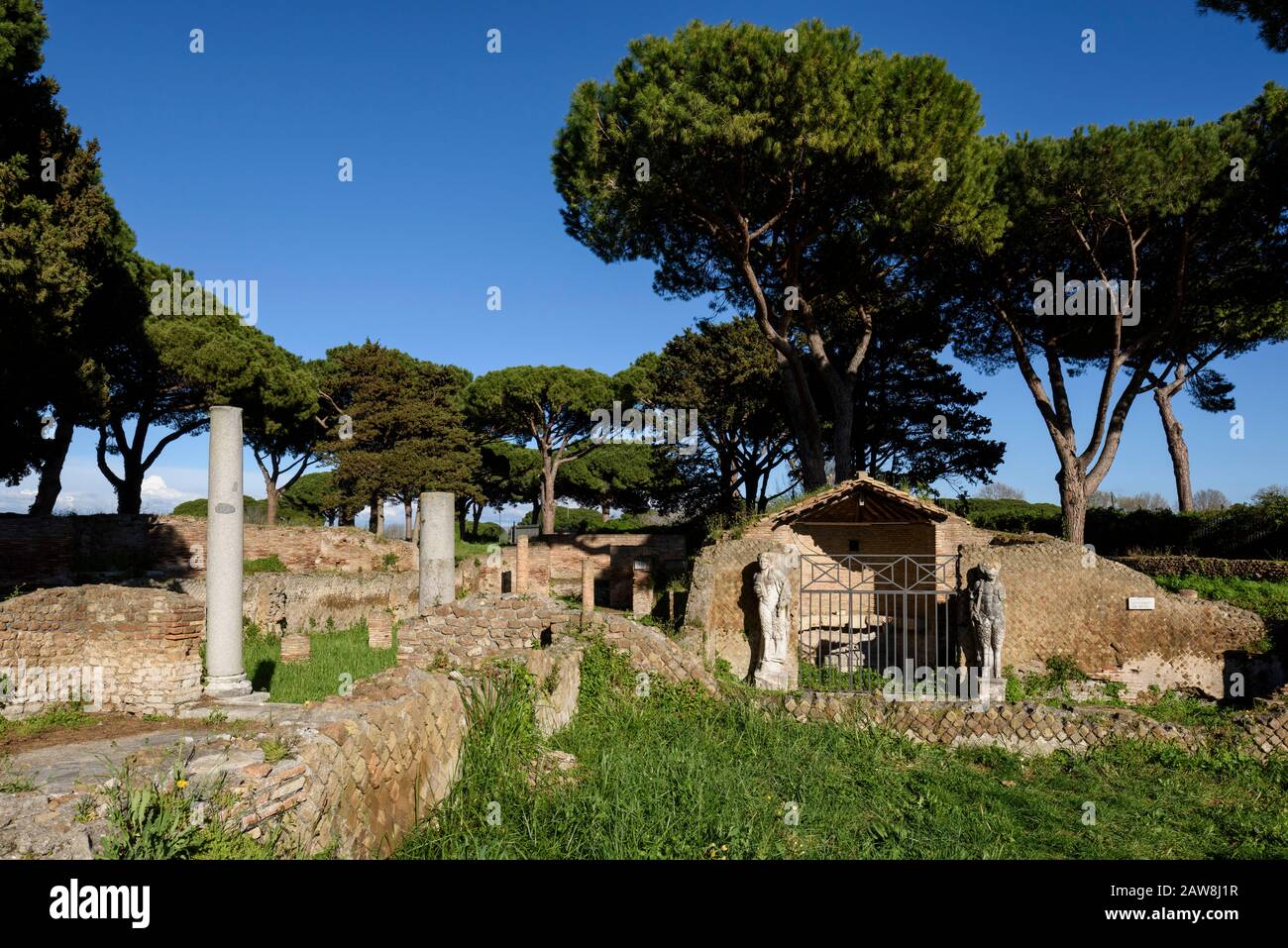 Rome. Italy. Ostia Antica. Campus of the Magna Mater, Santuario di Attis (Shrine of Attis). The entrance to the shrine is flanked by two semi-columns Stock Photo