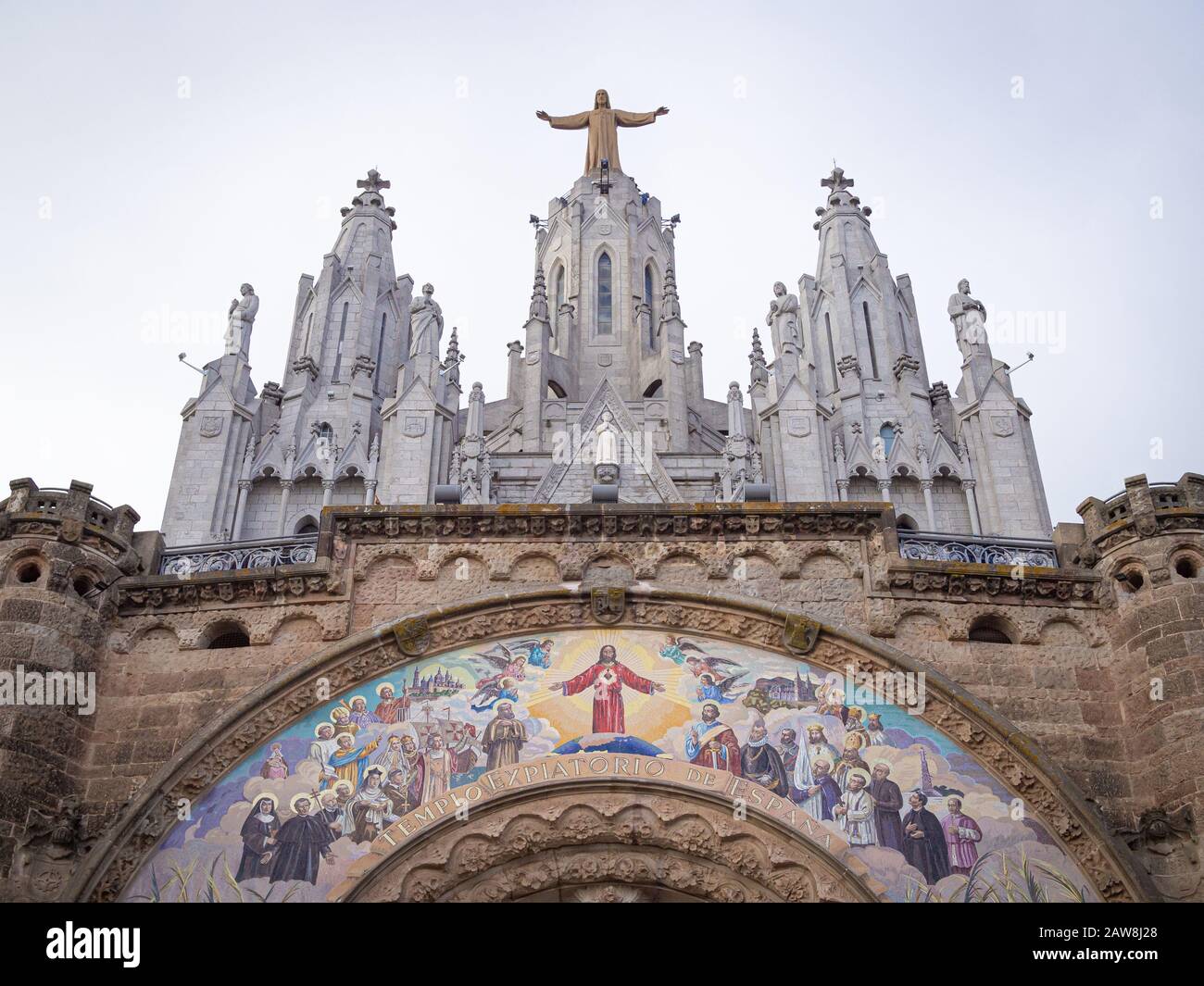 Temple Sacred Heart of Jesus facade on the top of Mount Tibidabo in Barcelona (Spain) Stock Photo