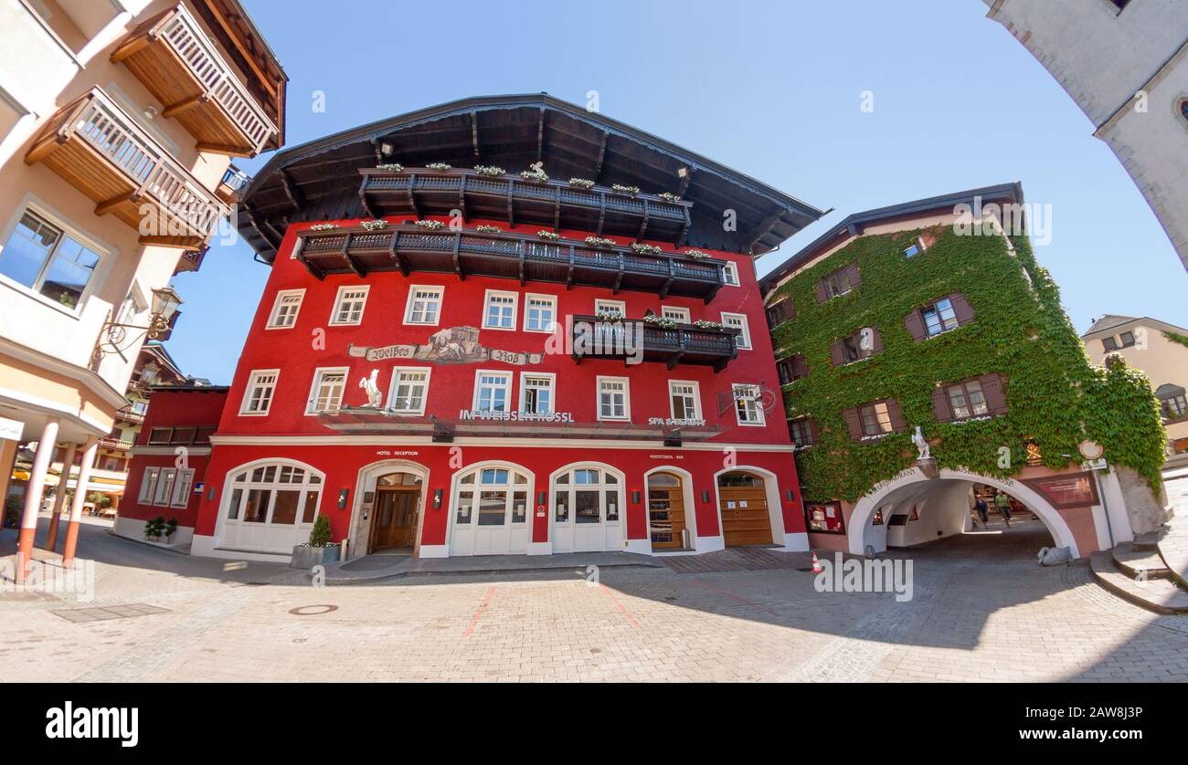 St. Wolfgang, Austria - June 23, 2014: Hotel Weisses Roessl at the famous lake Wolfgangsee. Popular travel destination within Austria. Stock Photo