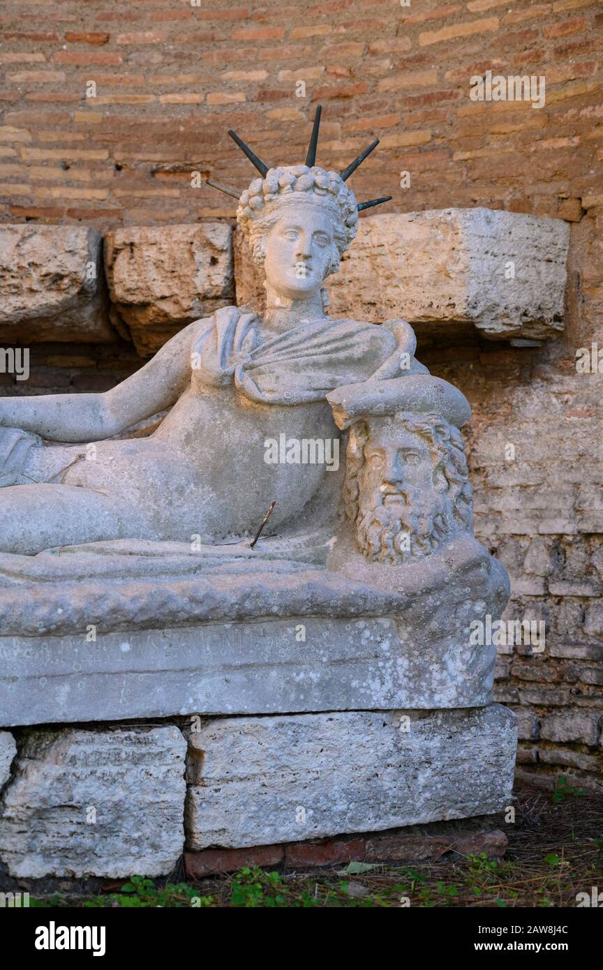 Rome. Italy. Ostia Antica. Campus of the Magna Mater, Santuario di Attis (Shrine of Attis). Replica plaster cast (the original is in the Vatican Museu Stock Photo