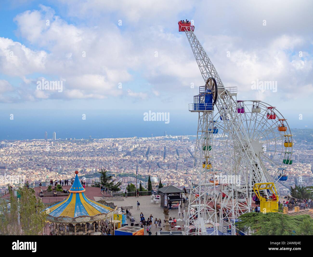 BARCELONA, SPAIN-OCTOBER 19, 2019: Tibidabo Amusement park with panoramic view over Barcelona. Stock Photo