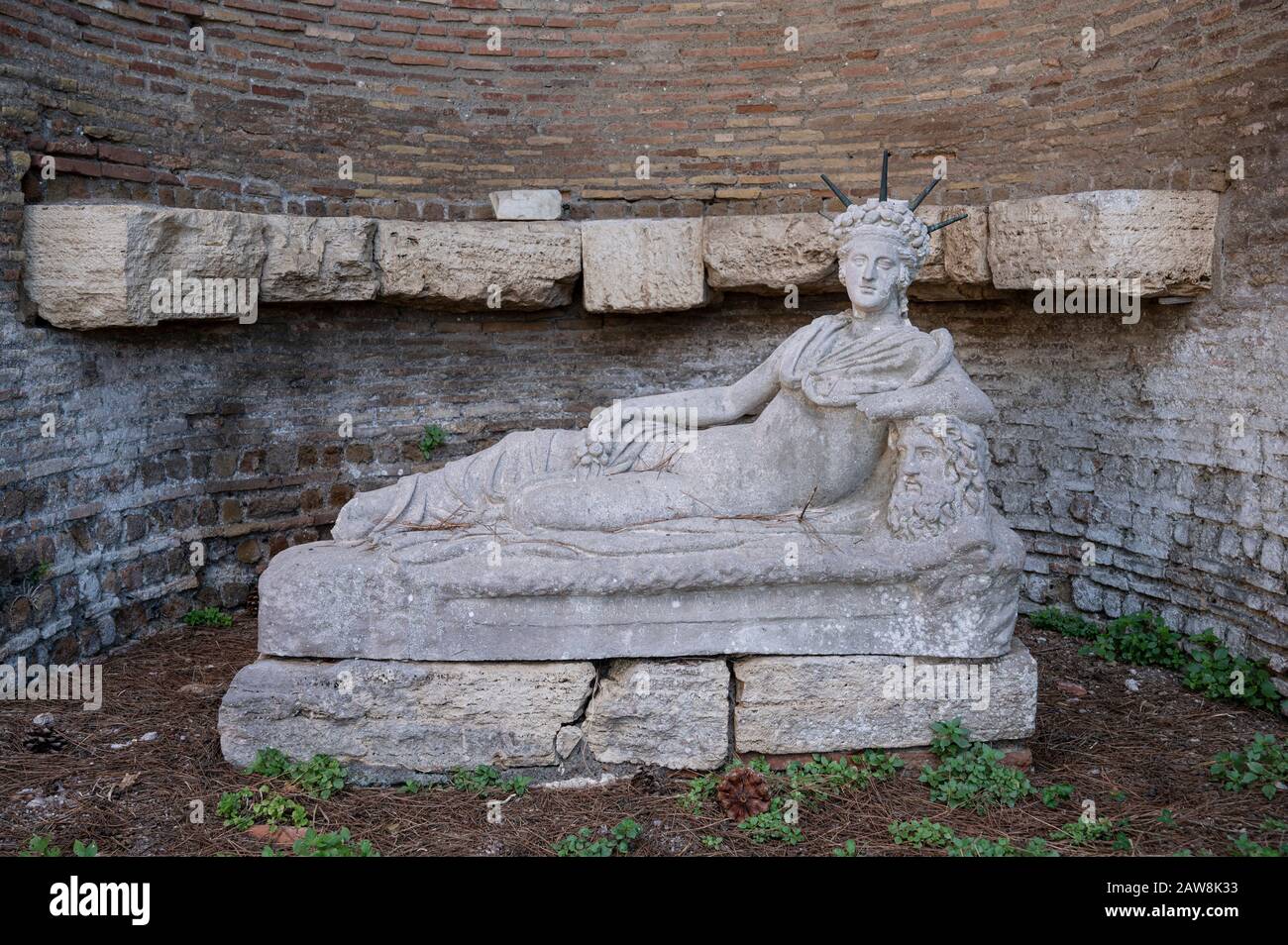 Rome. Italy. Ostia Antica. Campus of the Magna Mater, Santuario di Attis (Shrine of Attis). Replica plaster cast (the original is in the Vatican Museu Stock Photo