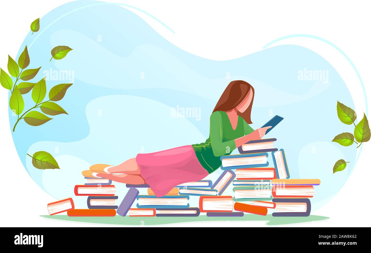 Girl reading, relax on stacks of books in spring background. Love read  concept design. Beautiful green summer nature with Flat character. Modern  vector card for web design, isolated white background Stock Vector