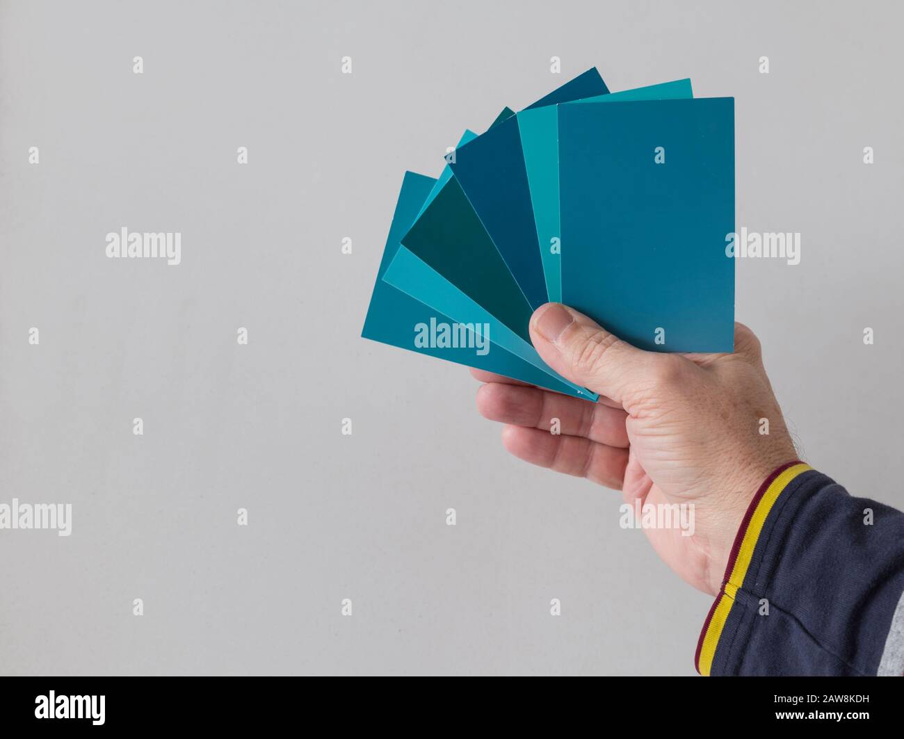 hand of a man with different color swatches for determining the right