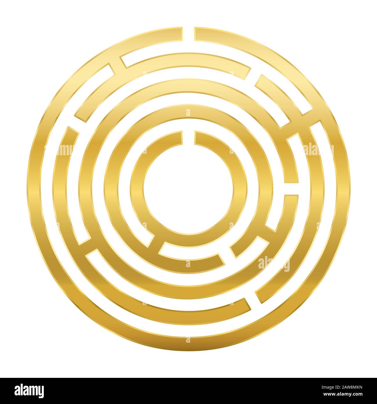 Golden circular maze. Radial labyrinth. Find a route to the centre. Print out and follow the path by a pencil or fingertip. Stock Photo