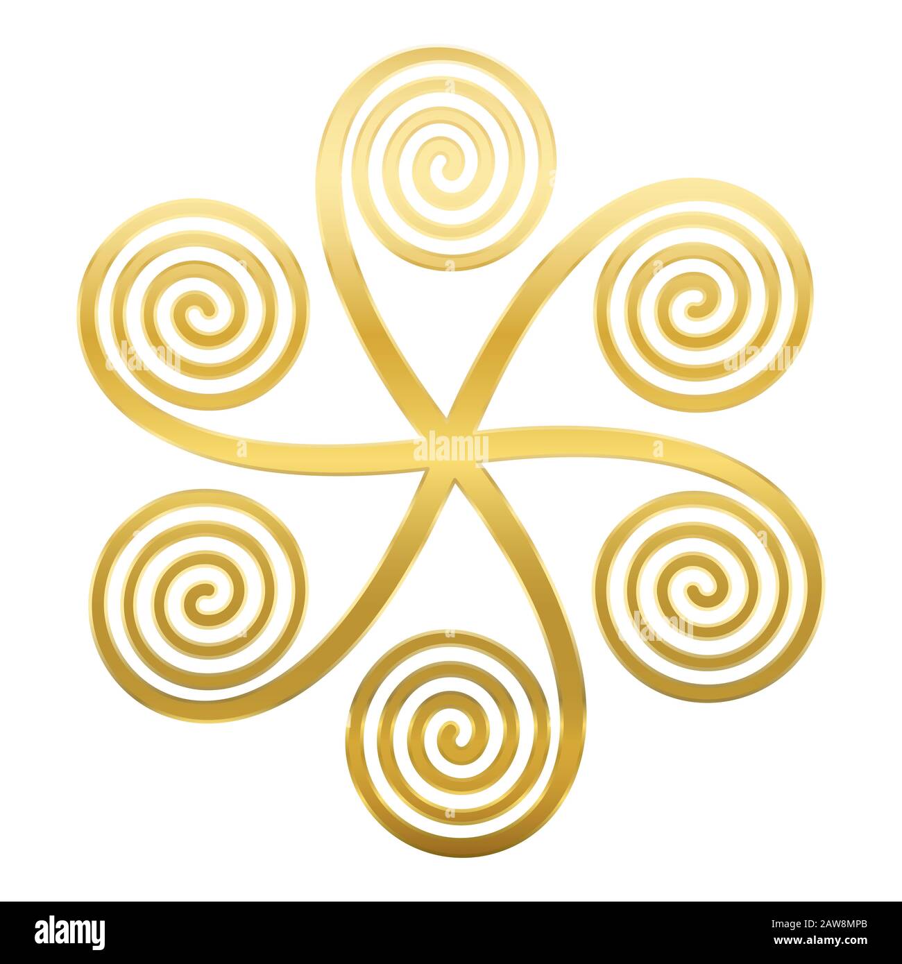 Golden star shaped symbol with six linear arithmetic spirals, made of Archimedean spirals, connected in a centre, appearing to rotate clockwise. Stock Photo
