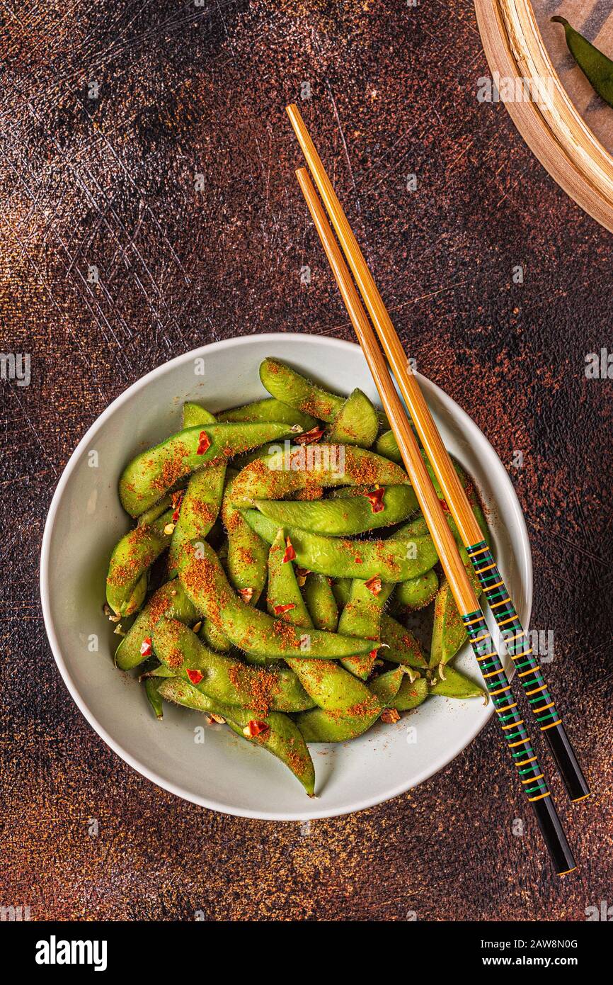 Cooked green edamame, japanese food. Top view Stock Photo Alamy