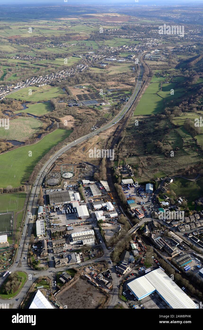 aerial view looking south east down the A650 Airevalley Road from Keighley Stock Photo