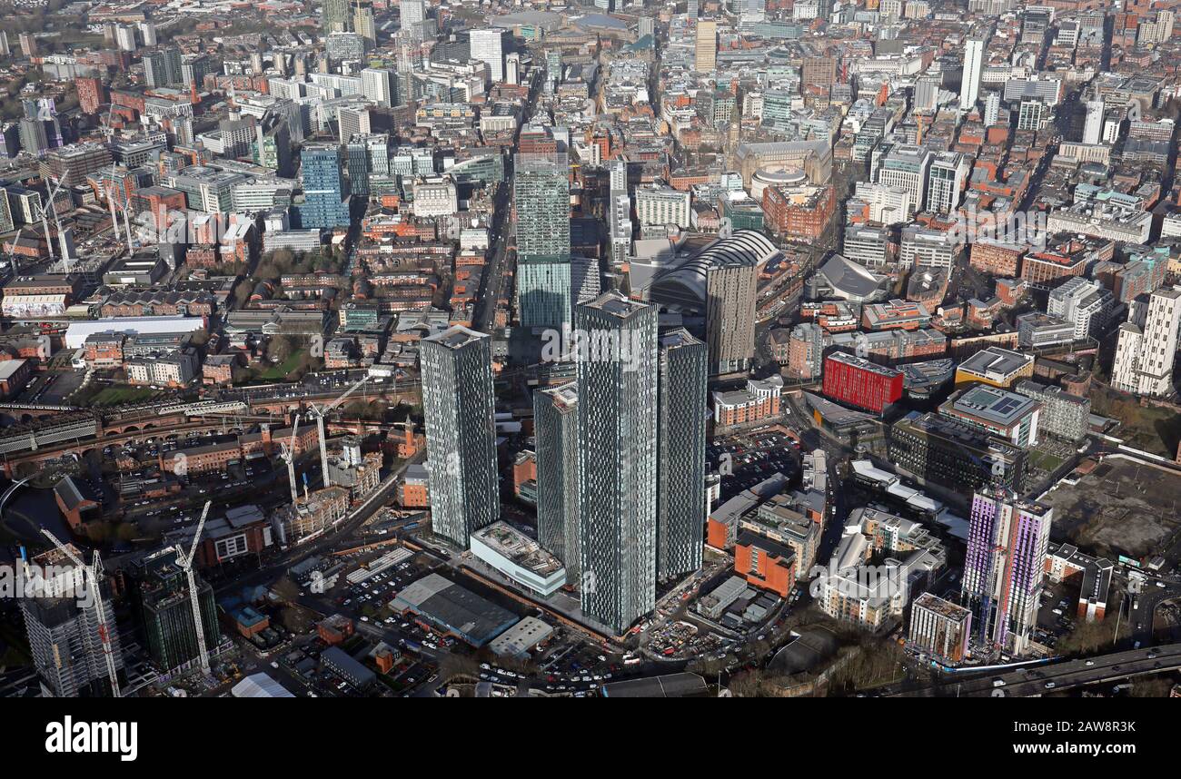 aerial view of Manchester city centre with the Deansgate Square, or Owen Street skyscrapers development, prominent Stock Photo