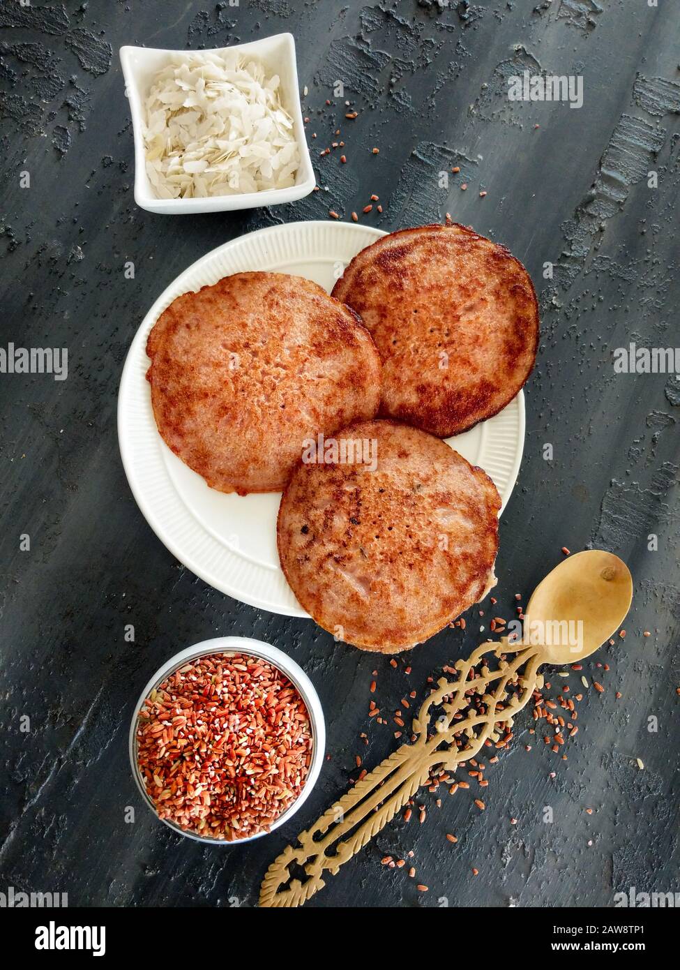 red rice pancakes, Fermented and steamed Indian rice pancakes, challapongaram, south indian recipes, appam, cafe, tasty, food, kitchen, organic, vegan Stock Photo