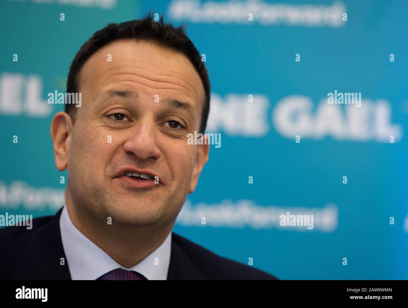 Carlow Town, Ireland. 6th Feb 2020. Irish General Election 2020. Taoiseach (Prime Minister) Leo Varadkar at the final main Fine Gael press conference of their General Election Campaign in the Institute of Technology, Carlow Town. Photo: Eamonn Farrell/RollingNews.ie/Alamy Live News Credit: RollingNews.ie/Alamy Live News Stock Photo