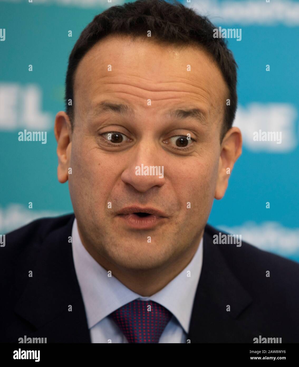 Carlow Town, Ireland. 6th Feb 2020. Irish General Election 2020. Taoiseach (Prime Minister) Leo Varadkar at the final main Fine Gael press conference of their General Election Campaign in the Institute of Technology, Carlow Town. Photo: Eamonn Farrell/RollingNews.ie/Alamy Live News Credit: RollingNews.ie/Alamy Live News Stock Photo