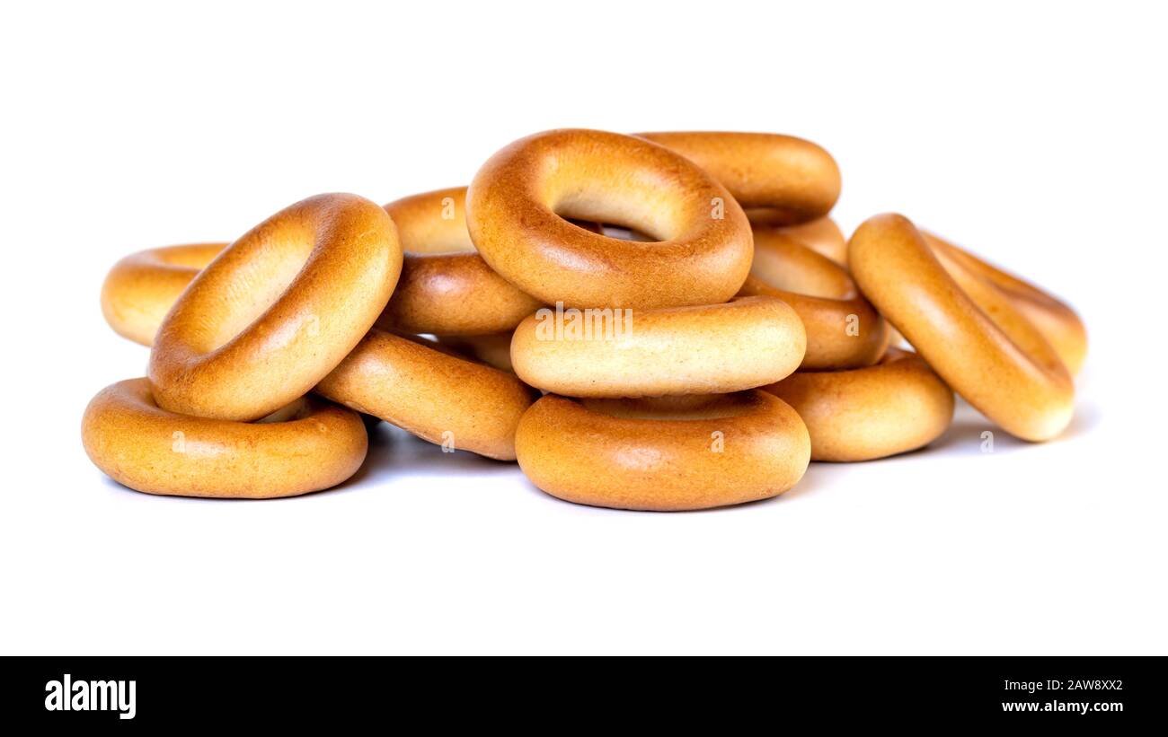 Small dry bagels, small rolls on a white background Stock Photo