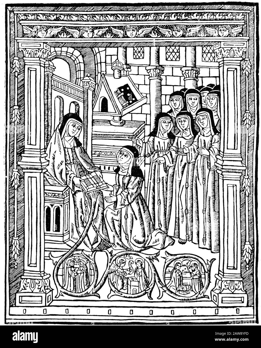 Abbess of Isabel de Villena (1430-1490) delivering her work  Vita Christi (Christ Life) to her Clarises nuns, Valencia, Spain. 1513 Stock Photo