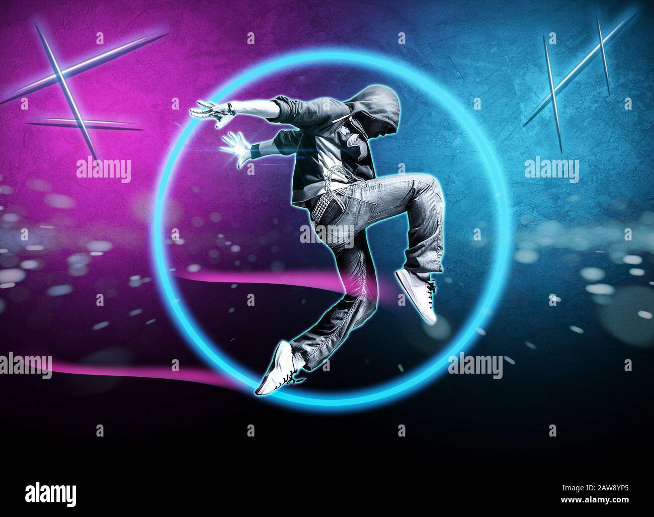 Young man jumping, neon lights in the background. Abstract art Stock Photo  - Alamy