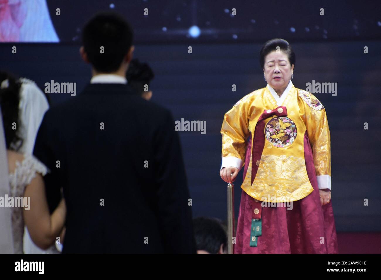 Gapyeong, South Korea. 07th Feb, 2020. Han Hak-ja, wife of late Unification Church founder Moon Sun-myung prays during the Blessing Ceremony of the Family Federation for World Peace and Unification at the CheongShim Peace World Center in Gapyeong, South Korea, on Friday, February 7, 2020. Photo by Keizo Mori/UPI Credit: UPI/Alamy Live News Stock Photo