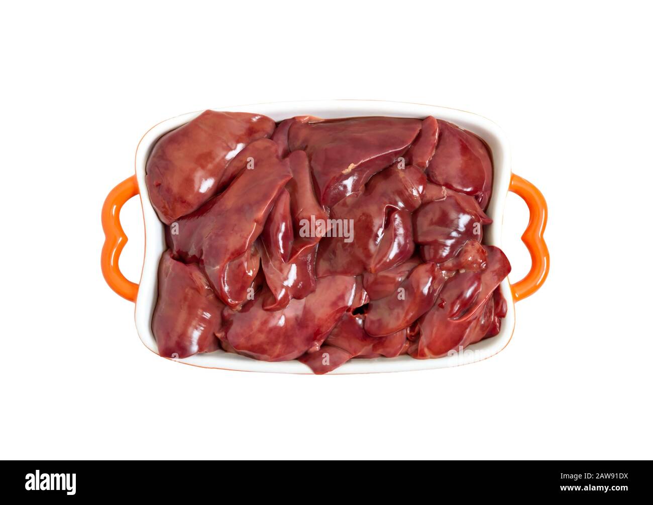 Raw chicken liver in a bowl isolated on a white background. Offal. Ready to cook. Top view. Dishes from the liver. The top view Stock Photo