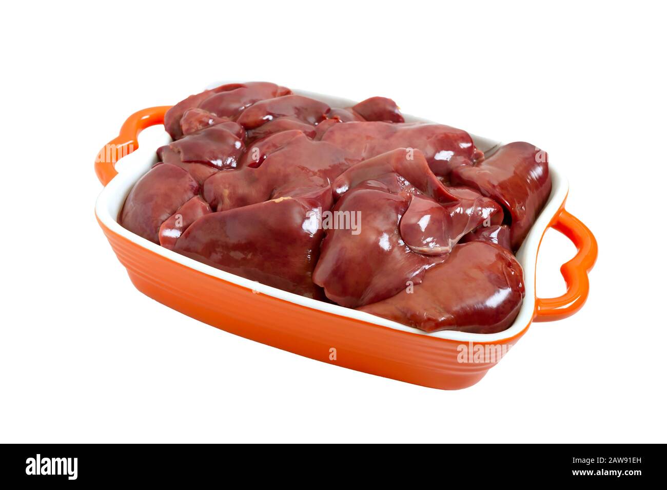 Raw chicken liver in a bowl isolated on a white background. Offal. Ready to cook.  Dishes from the liver. Stock Photo