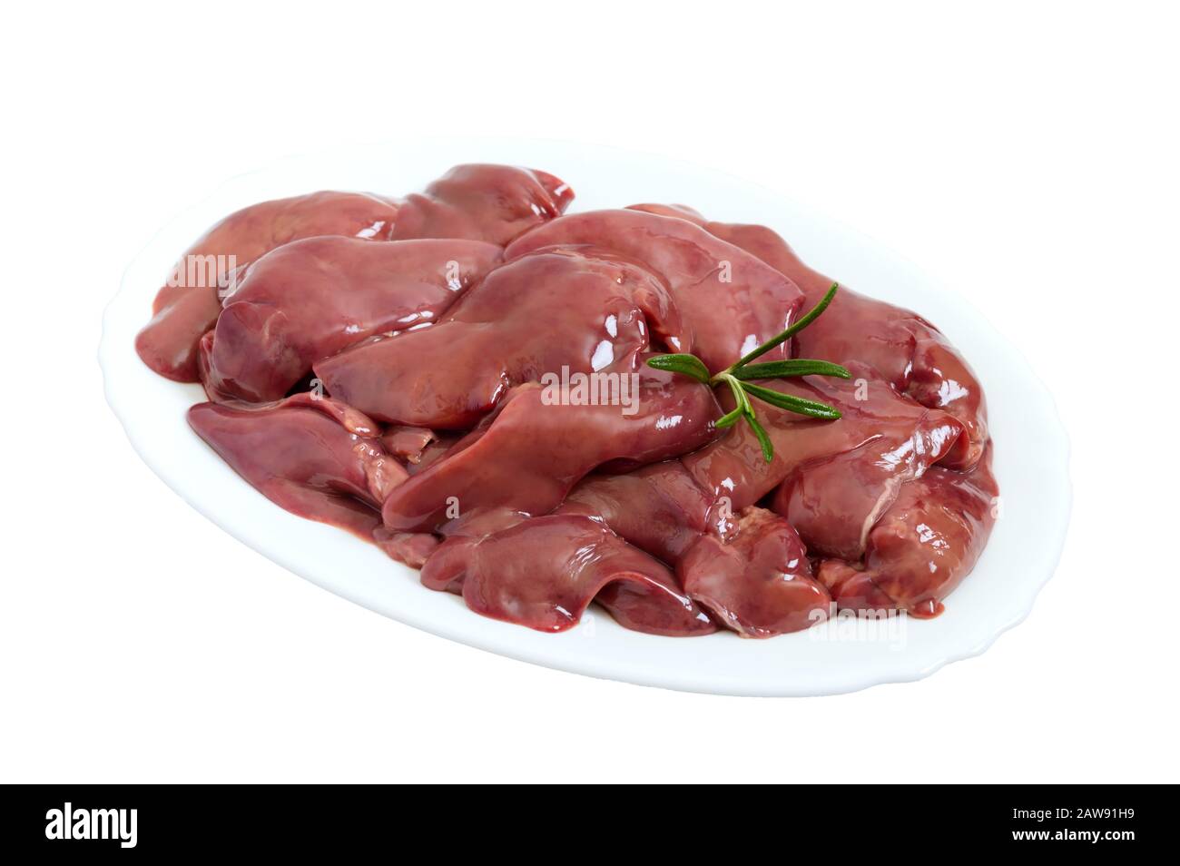 Raw chicken liver in a bowl isolated on a white background. Offal. Ready to cook. Dishes from the liver. Stock Photo