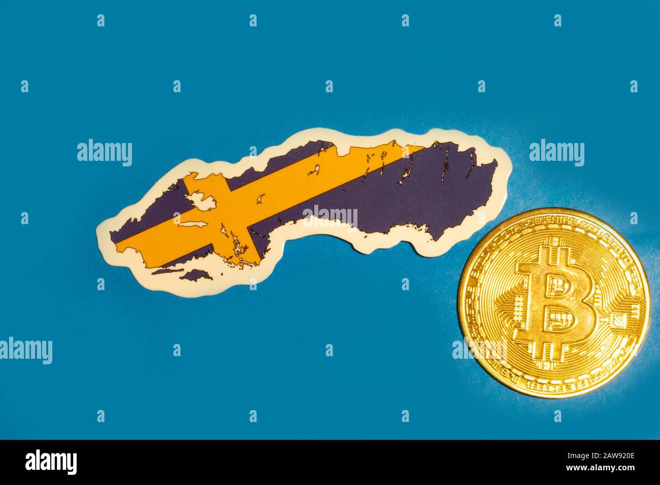 Sweden Flag with Bitcoin flat lay for illustration. Cryptocurrency btc law concept Stock Photo