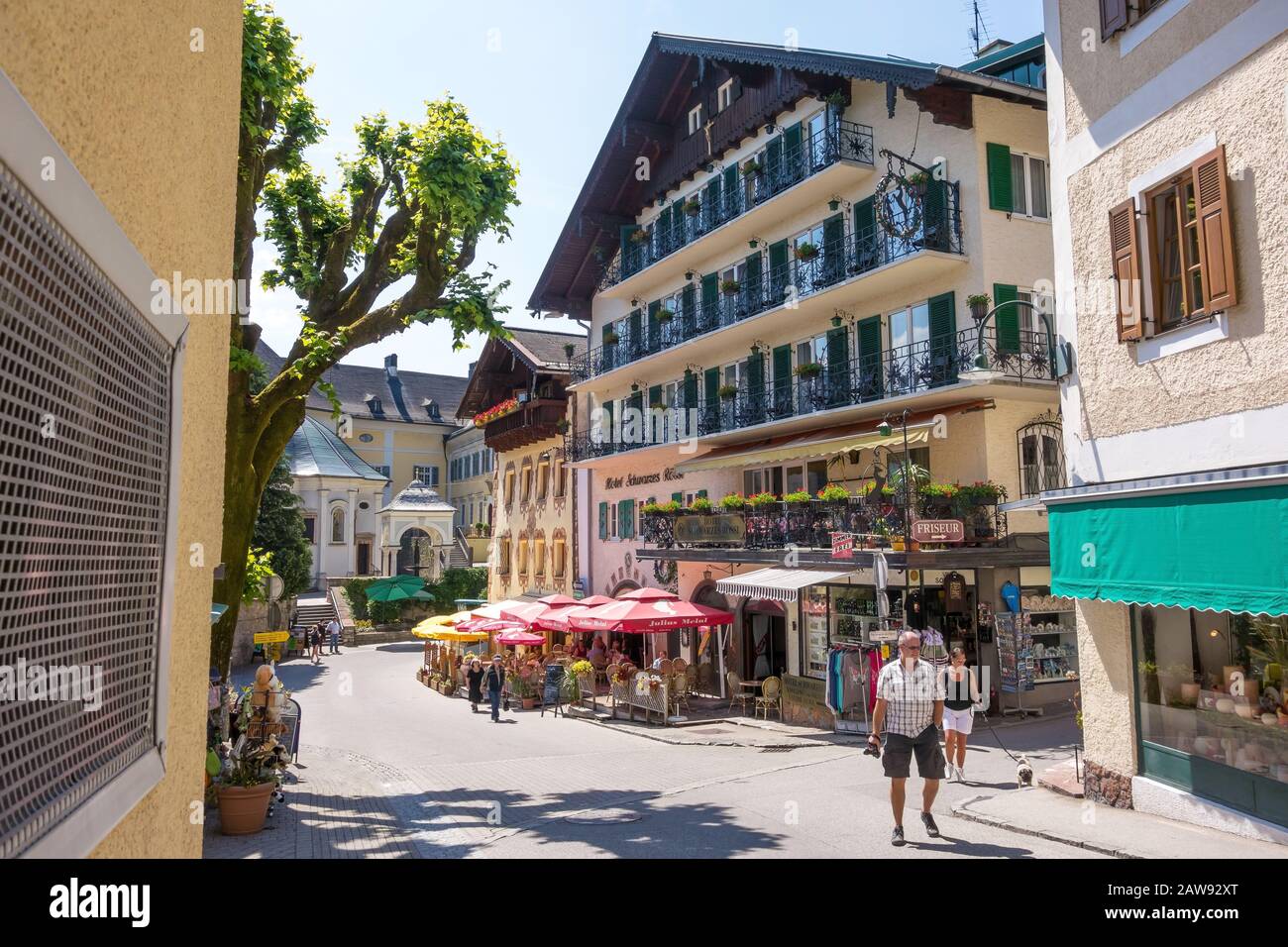 St. Wolfgang, Austria - June 23, 2014: Hotel Schwarzes Roessl at the famous lake Wolfgangsee. Popular travel destination within Austria. Stock Photo