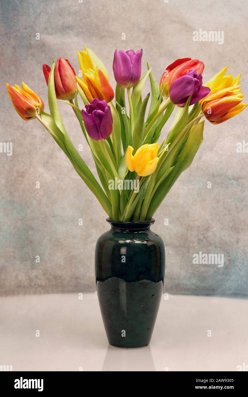 Bunch of tulips in a green vase in front of a light background Stock Photo