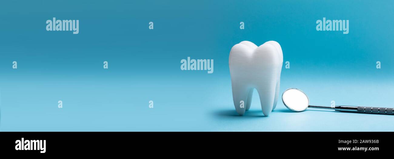 Close-up Of Tooth Model With Dental Mirror Over Blue Background Stock ...