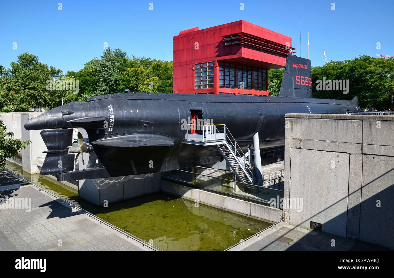 PARIS, FRANCE - AUGUST 1, 2013: Argonaute (S636) French Navy submarine on display in the Parc de la Villette in Paris, converted to a museum ship. Stock Photo