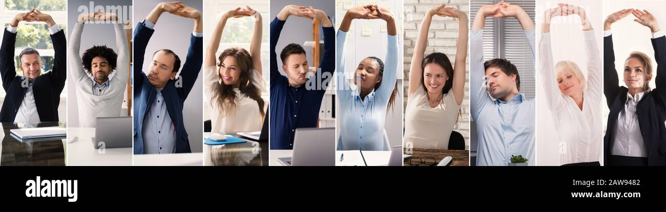 Stretch Exercise Workout At Office Desk Collage. Stock Photo