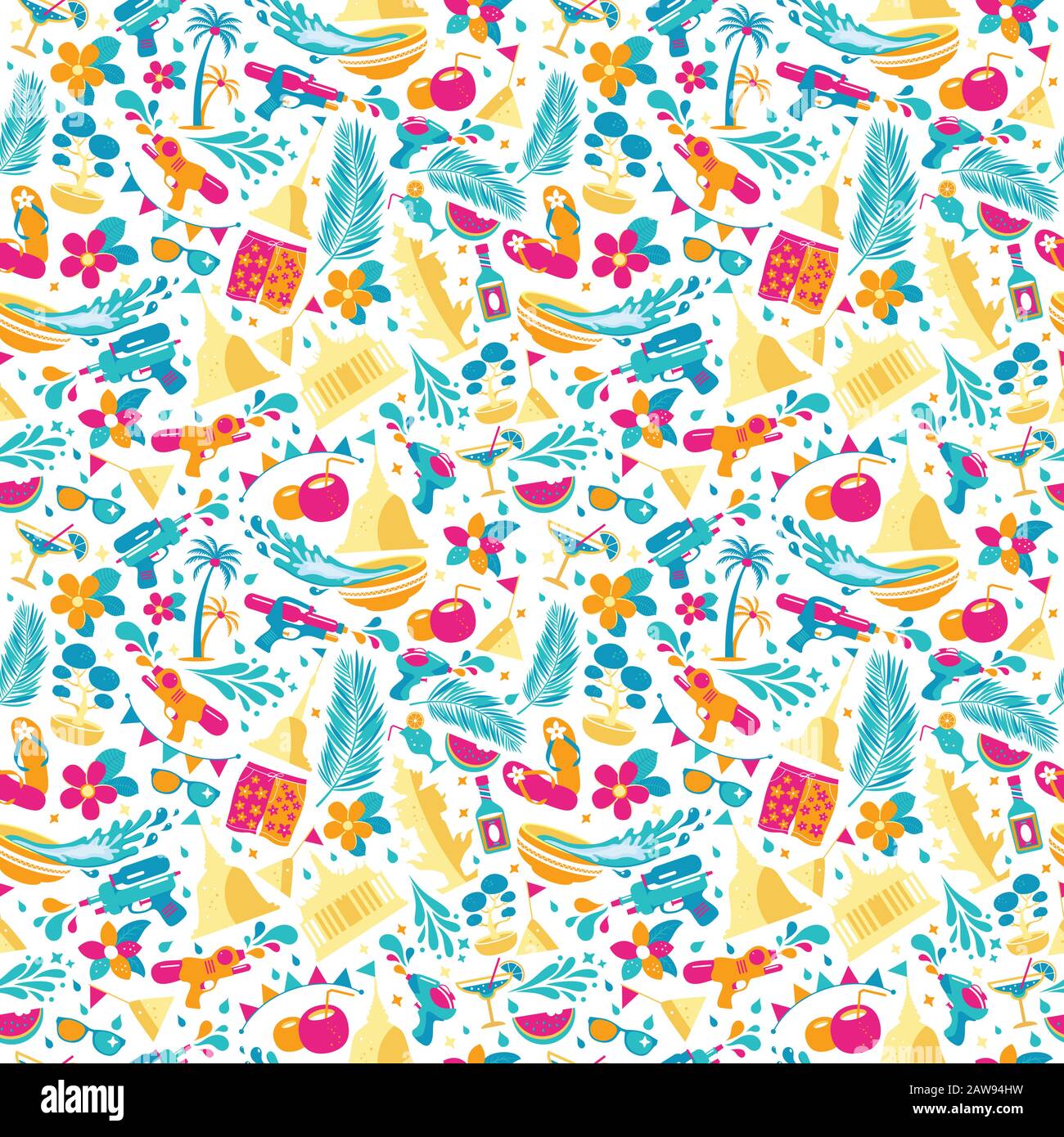 Songkran festival in Thailand. Colorful seamless Pattern with icons o ...