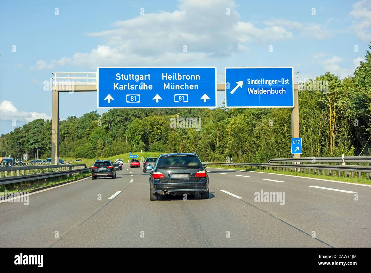 motorway road sign on (Autobahn 81 / A 81 / E 531) freeway interchange Stuttgart / Karlsruhe - Heilbronn / Munich (Munchen) - exit Sindelfingen / Wald Stock Photo
