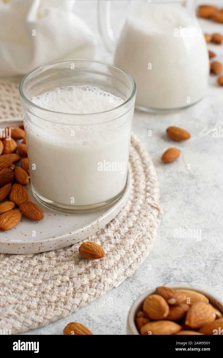 Vegan almond milk, non dairy alternative milk  in a glass close up Stock Photo