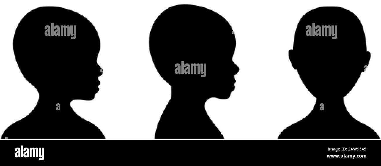 Front and side view silhouette of a toddler head. Anonymous kid face avatar Stock Vector