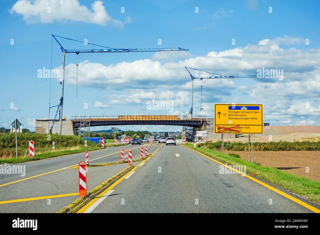 bridge reconstruction over federal highway B27 direction Villingen-Schwenningen. Road with cars and cranes. Stock Photo
