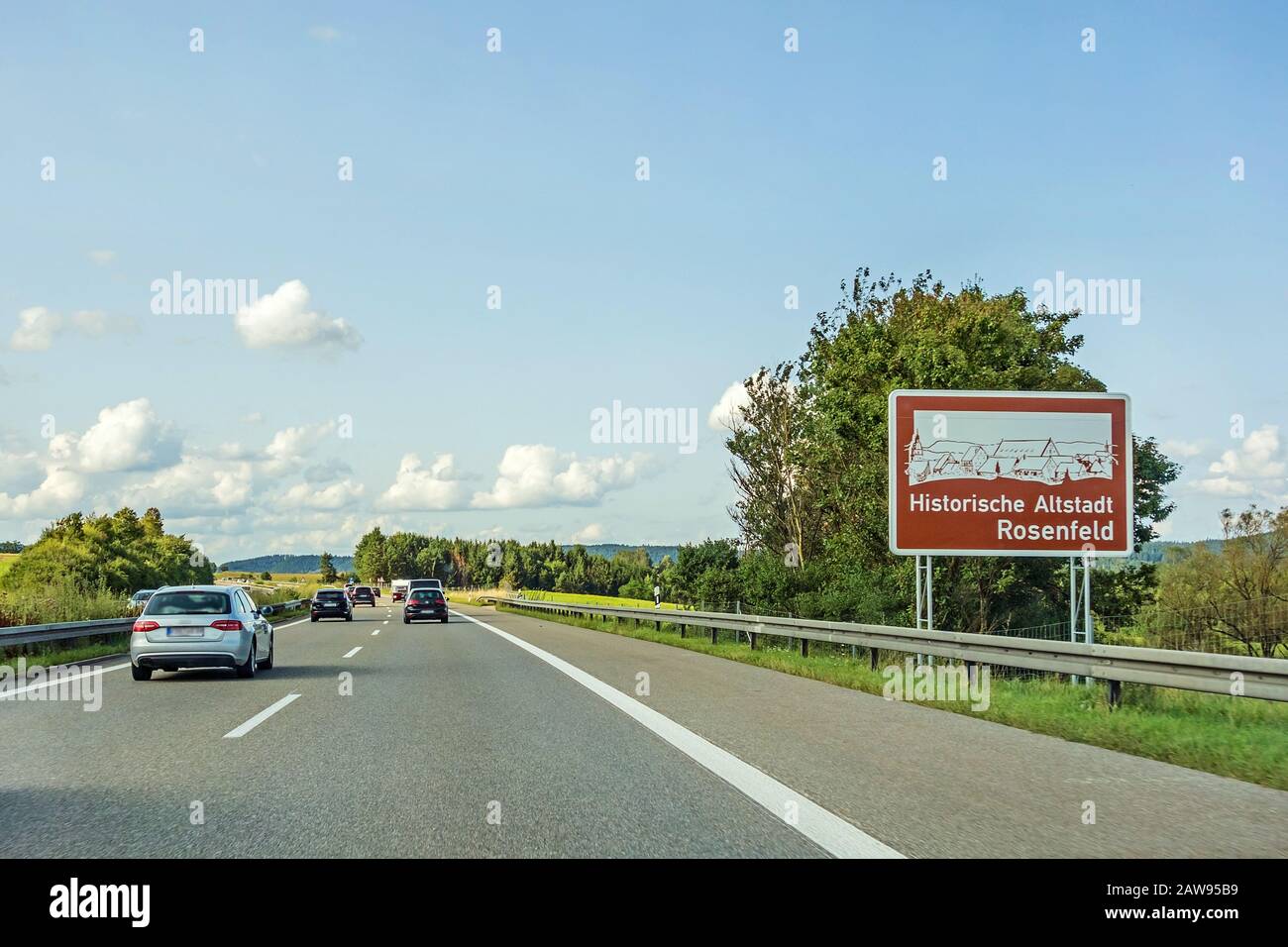road sign Rosenfeld historic city 'Historische Altstadt Rosenfeld' at freeway, german Autobahn Stock Photo