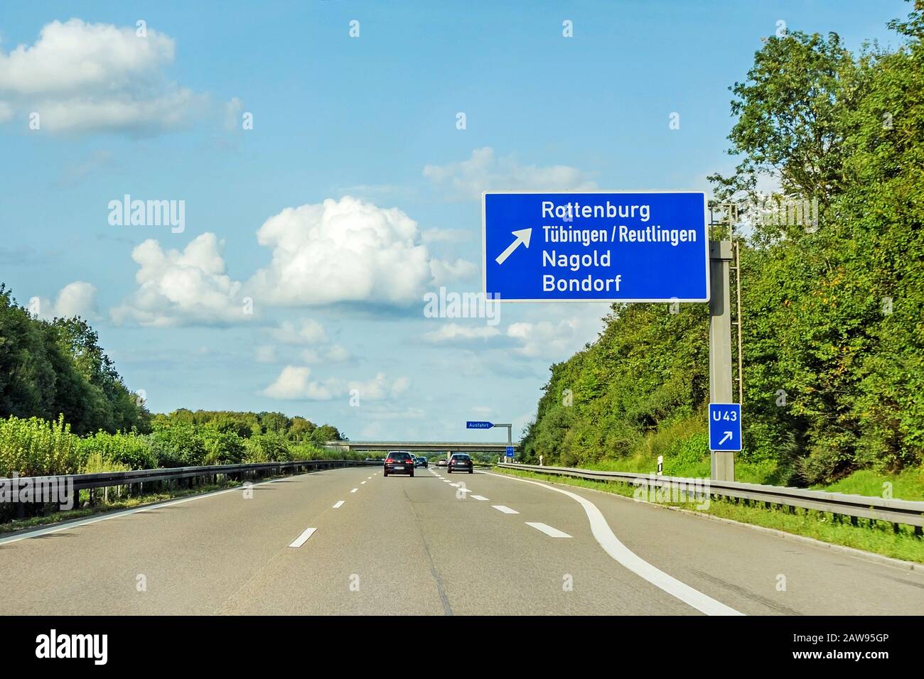 motorway road sign on (Autobahn 81 / A 81 / E 531) direction to city Herrenberg / Stuttgart - exit Rottenburg / Tubingen / Reutlingen / Nagold / Bondo Stock Photo
