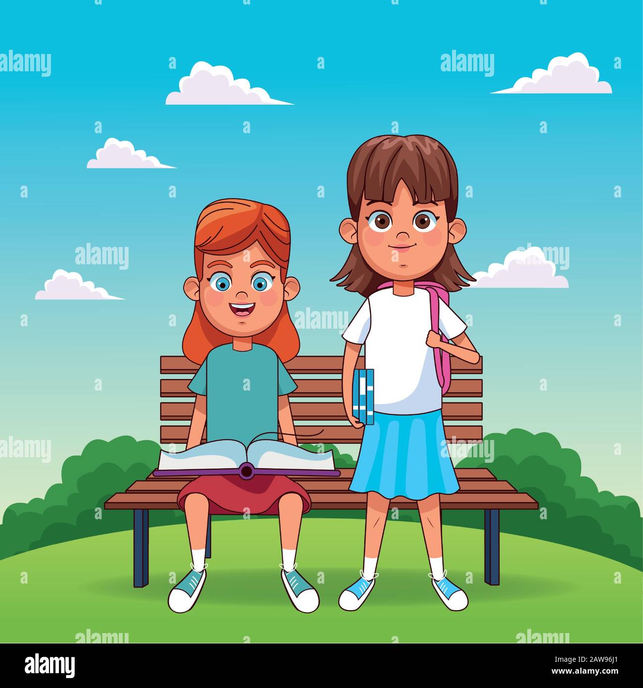 cartoon girl with a book sitting on a bench and girl standing around ...