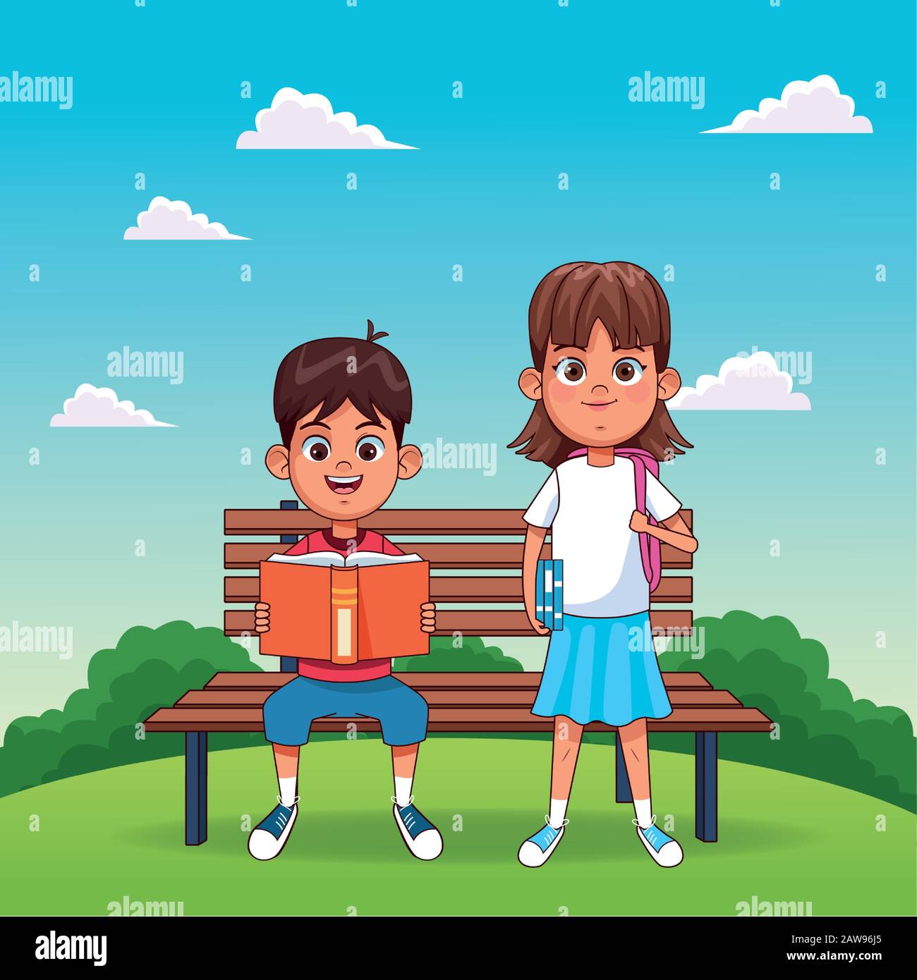 cartoon boy reading a book sitting on a bench and girl standing with a