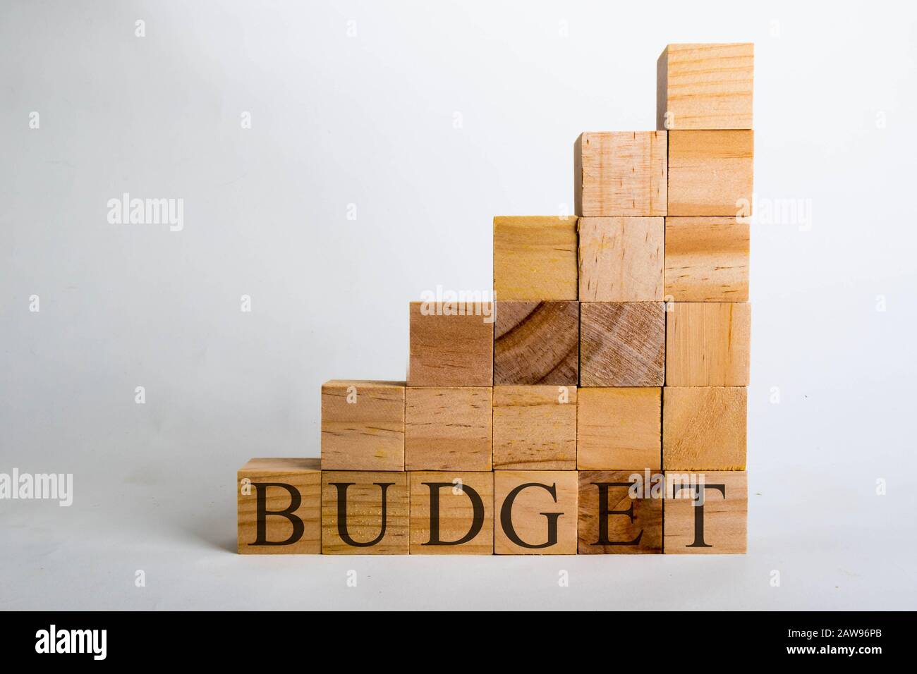 Wooden cubes with lettering spelling Budget shaped like a graph. Business or political concept Stock Photo