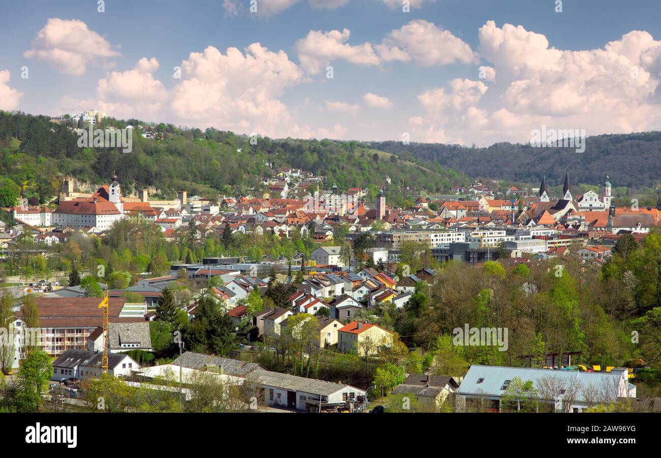 Aerial view over the city of Eichstaett (Bavaria, Germany) in the Altmuehltal valley Stock Photo