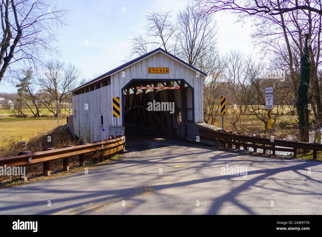 Ephrata, PA / USA February 3, 2020 Keller’s Mill Bridge is a white