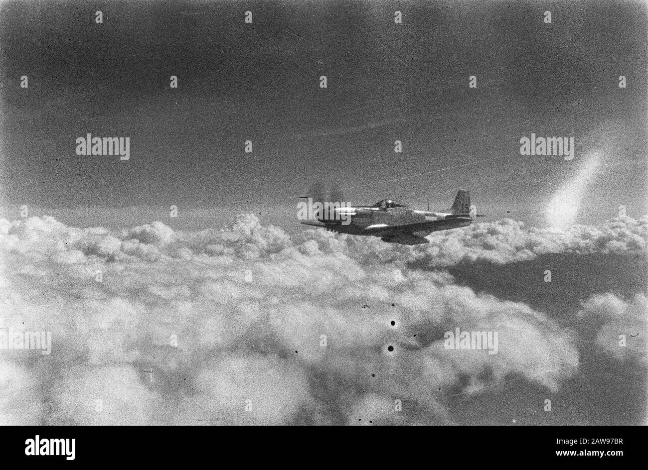 aerial photos Djokja  Recording from aircraft. Curtiss P-51 Mustang with a shark Annotation: Registration N3-615 Date: July 1947 Location: Indonesia Dutch East Indies Stock Photo