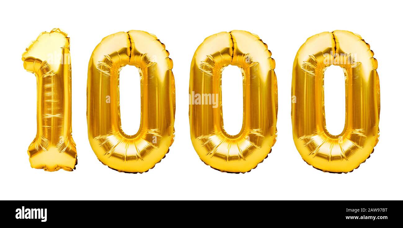 Number 1000 one thousand made of golden inflatable balloons isolated on white. Helium balloons, gold foil numbers. Party decoration, 1000 subscribers Stock Photo