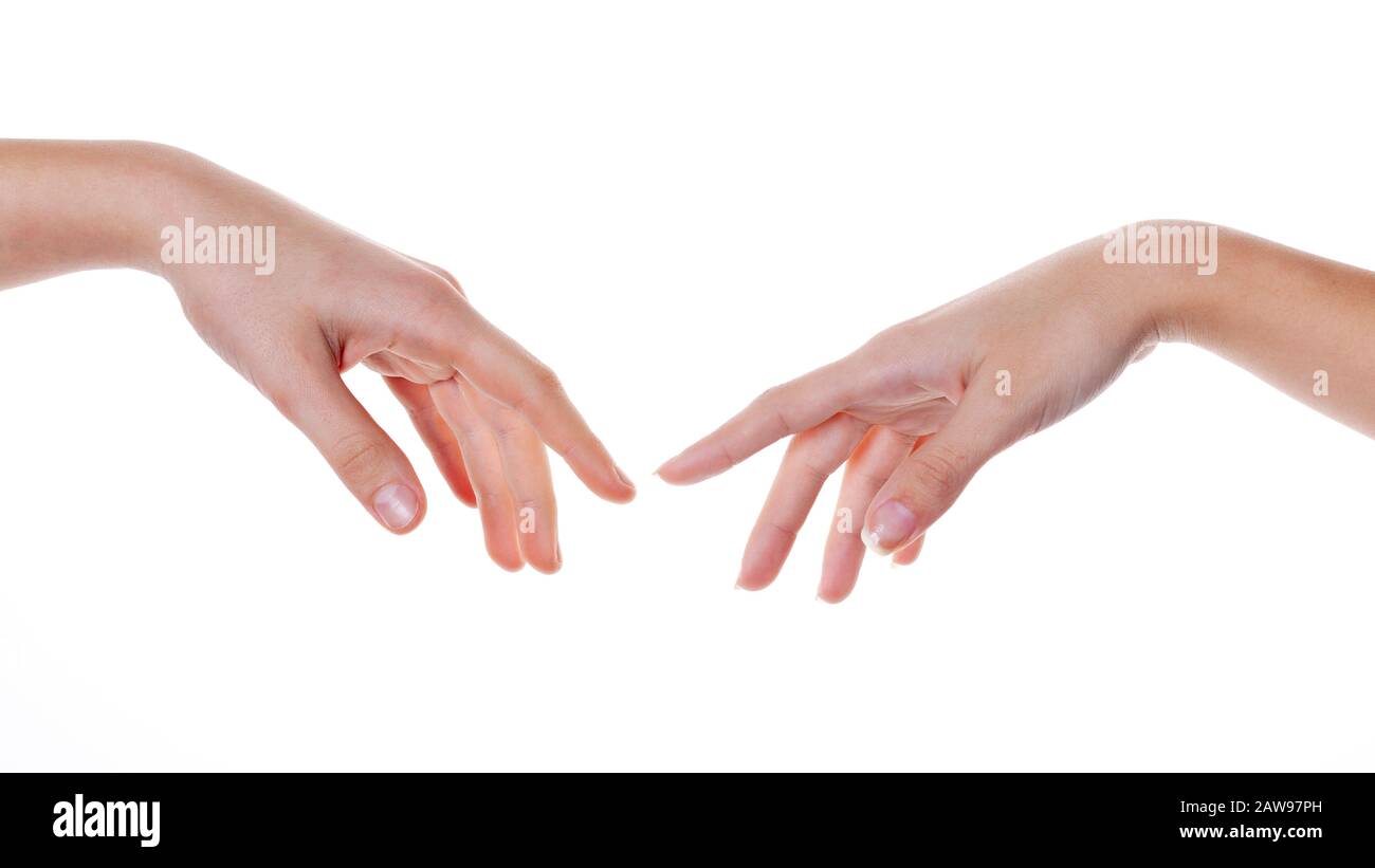 Two hands touching isolated on white background Stock Photo - Alamy