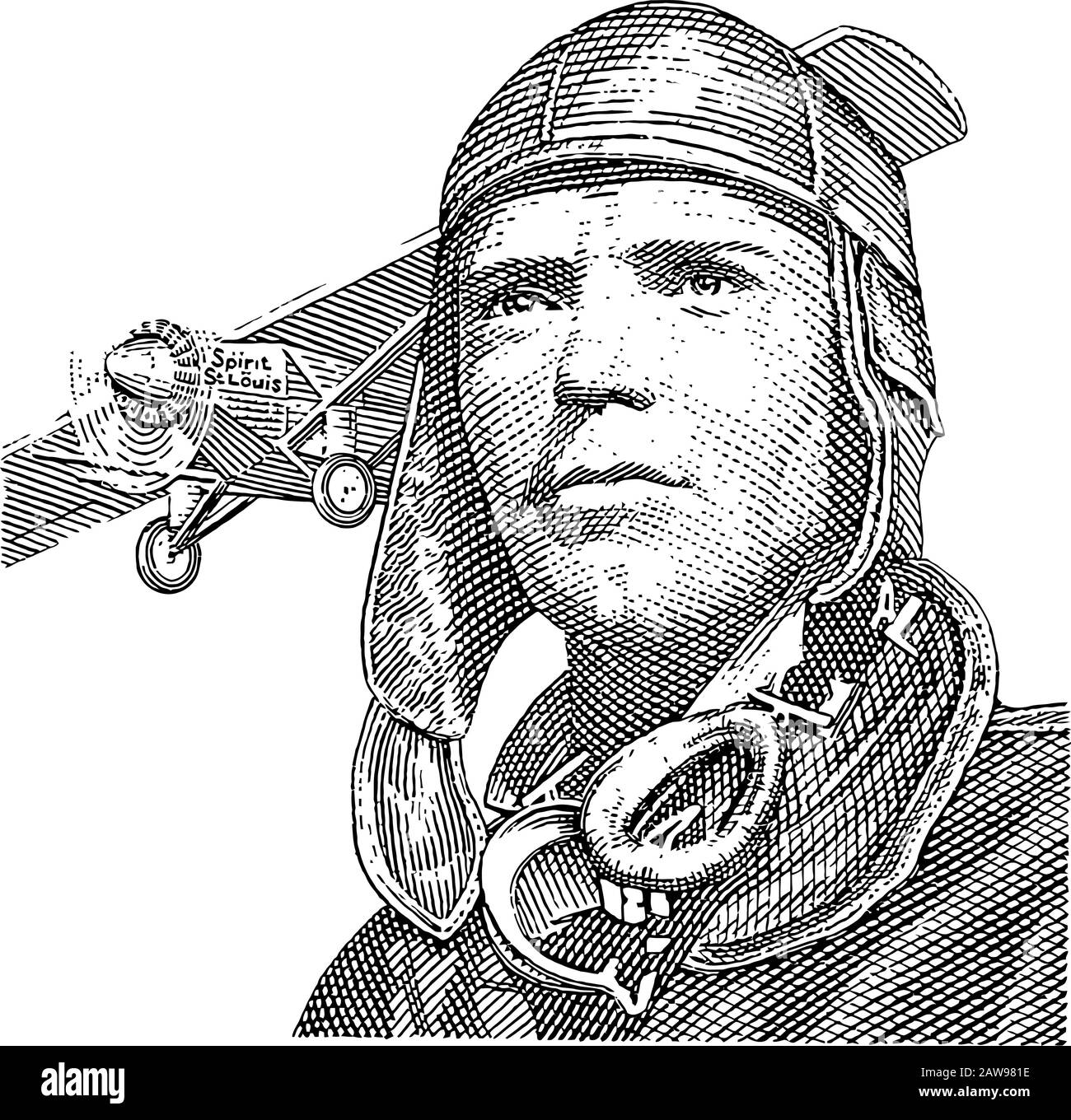 Charles Augustus Lindbergh was an American aviator, military officer, author, inventor, and activist. Stock Vector