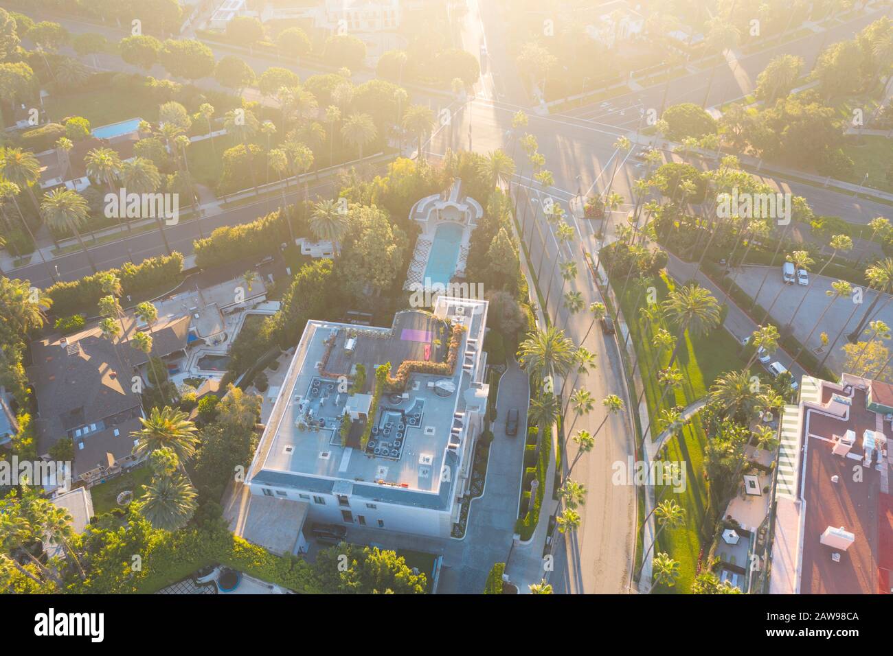 Aerial view of Beverly Hills neighborhood Sunset Boulevard, North Beverly Drive and Rodeo Drive