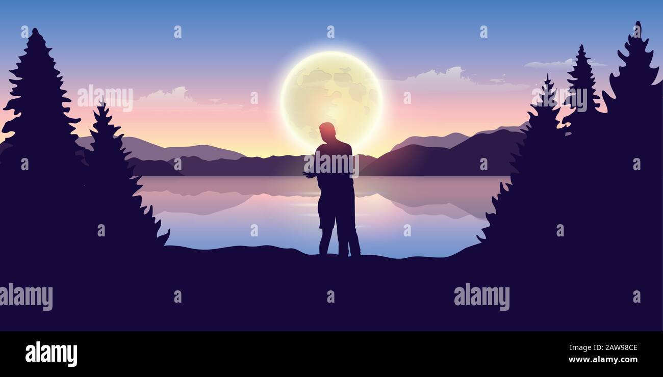 young couple looks to the full moon at beautiful lake vector illustration EPS10 Stock Vector