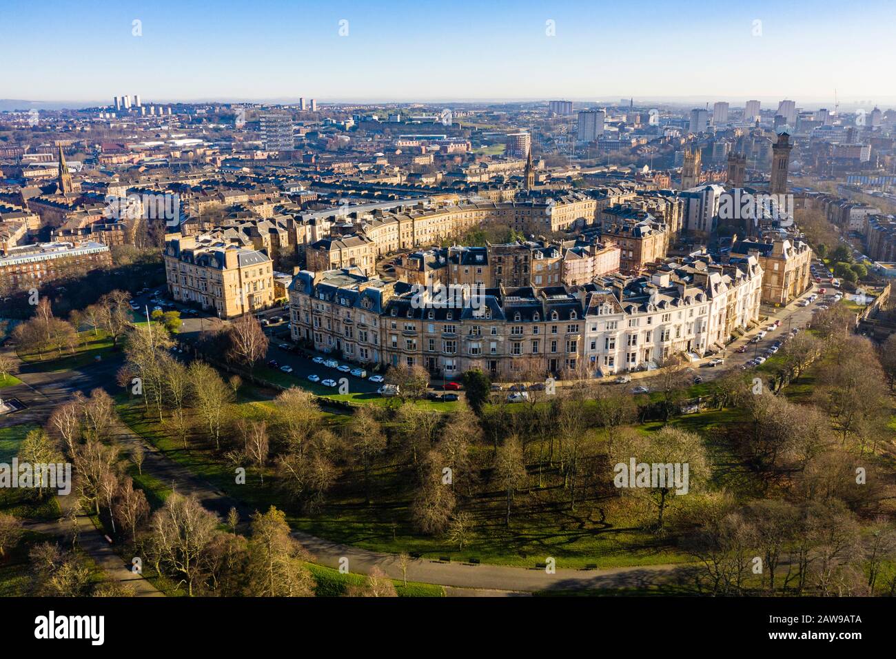Aerial view of townhouses in Park Terrace and Park Circus in the Park District above Kelvingrove Park in West End of Glasgow, Scotland , UK Stock Photo